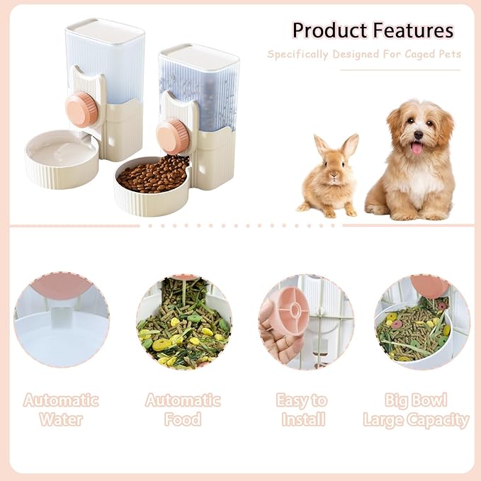 Hanging Automatic Pet Feeder Water Dispenser Set, 35oz Rabbit Food Bowl Water Bottle Cage-Mounted Gravity Hanging Feeder for Small Pets Rabbits Ferrets Cats Dogs Guinea Pigs (Pink)