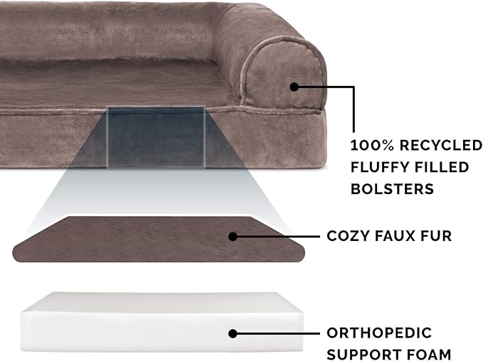 Furhaven Orthopedic Dog Bed for Large Dogs w/ Removable Bolsters & Washable Cover, For Dogs Up to 125 lbs - Faux Fur & Velvet Sofa - Driftwood Brown, Jumbo Plus/XXL