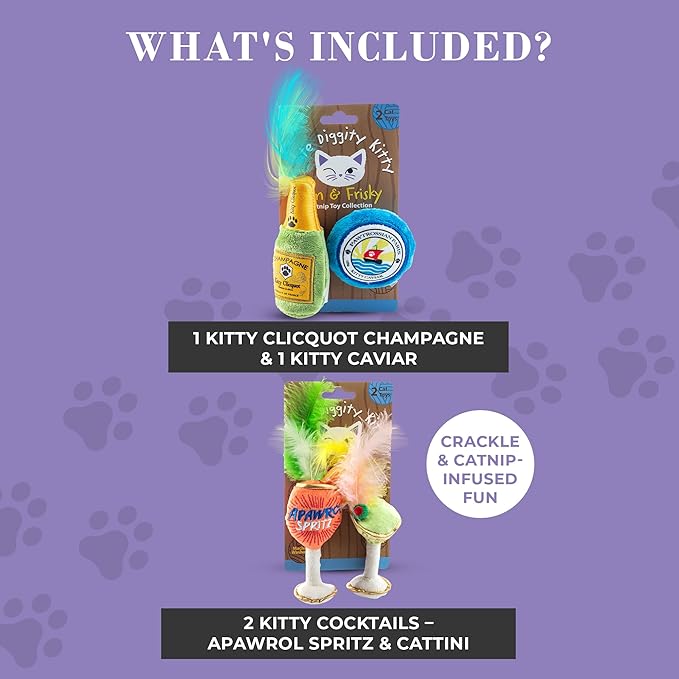 Clicquot Champagne & Caviar + Kitty Cocktails Apawrol Spritz & Cattini Set, Plush Cat Toys Catnip Filled with Interactive Crackle Sound, Safe, Durable Toys for Cat & Kitten, 4 Pcs