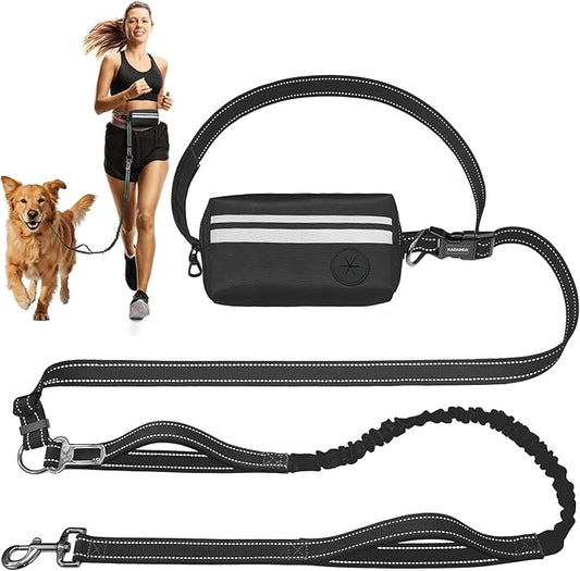 Hands Free Dog Leash with Removable Zipper Pouch, Dual Padded Handles and Durable Bungee for Walking, Jogging and Running-Black