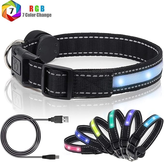 Light Up Dog Collars,Safety LED Dog Collars USB Rechargeable 7 Changing Colors Glow in The Dark Dog Walking Light,Neon Adjustable Safety Buckle Lighted Dog Collar for Small/Medium/Large Dogs, XL Size