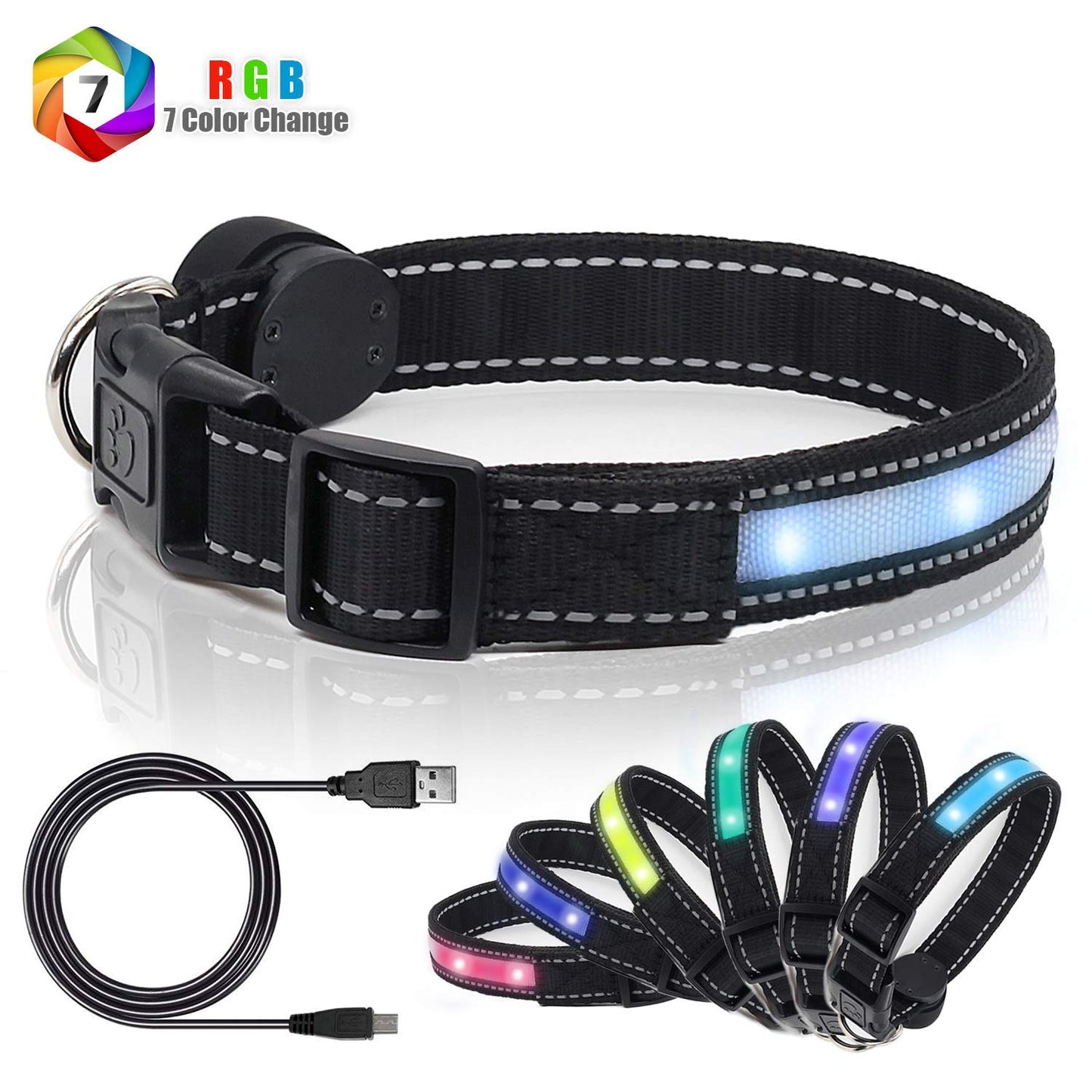 Light Up Dog Collars,Safety LED Dog Collars USB Rechargeable 7 Changing Colors Glow in The Dark Dog Walking Light,Neon Adjustable Safety Buckle Lighted Dog Collar for Small/Medium/Large Dogs, S Size