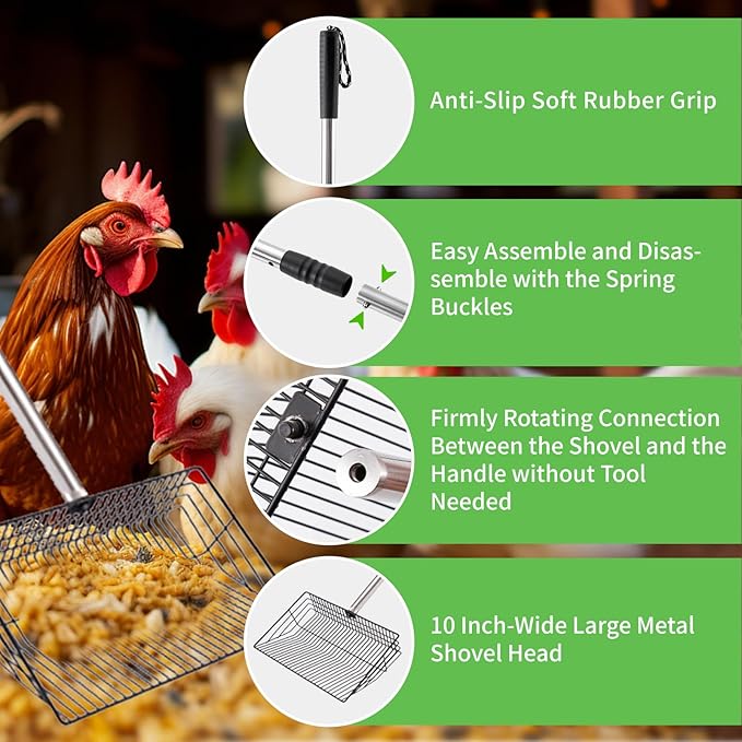 Large Chicken Poop Scooper, Metal Coop Scoop with 32" to 67" Adjustable Long Stainless Steel Handle, Chicken Poop Scooper for Sand with Heavy Duty Sifting Shovel for Chicken/ Horse/ Pet Coops (10 IN)