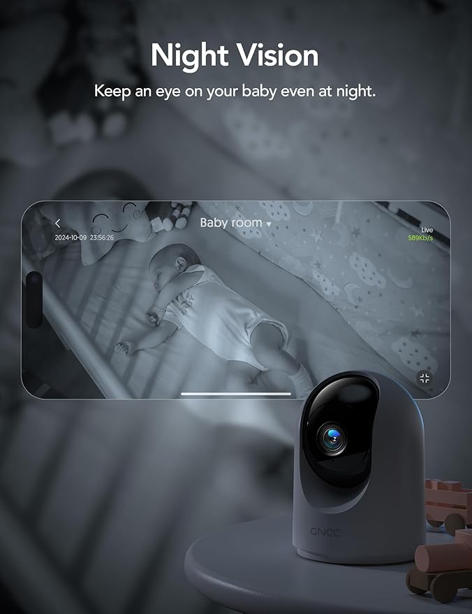 GNCC Indoor Security Camera, 2K Cameras for Home Security with Motion Detection, Baby/Pet Camera with Phone App, Night Vision, 2-Way Audio, TF/Cloud Storage, Works with Alexa & Google Home, 2.4G WiFi