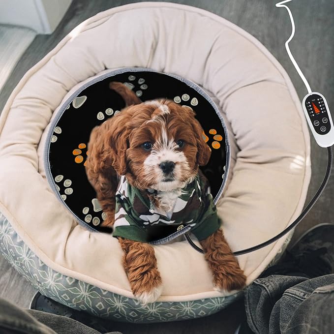 furrybaby Pet Heating Pad, Waterproof Dog Heating Pad Mat for Cat with Durable Anti-Bite Tube Indoor for Puppies Dogs Cats (1 Pack Black, Round 12in, Temp Adjustable)