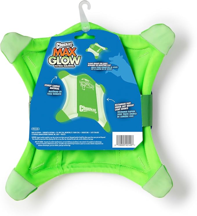 Chuckit! Flying Glow Squirrel Fetch Dog Toy, (10.5 Inch Length), Glow in The Dark Dog Toy, Pack of 1, Size Medium, for All Breeds and Sizes