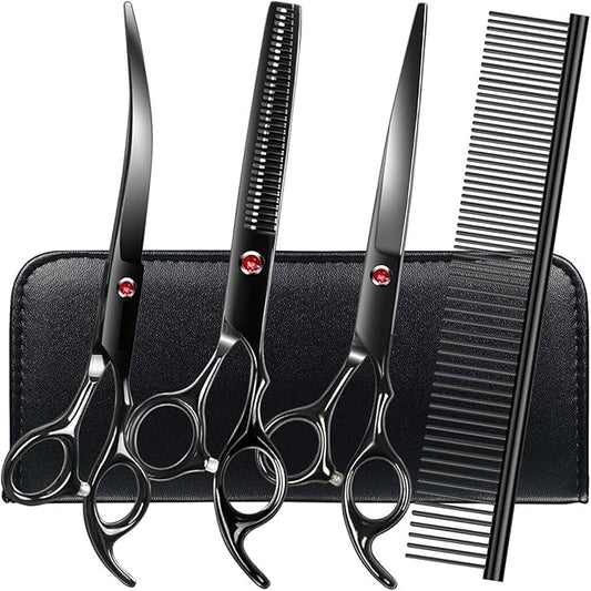 Professional Dog Grooming Scissors Set Stainless Steel Dog Grooming Kit - Thinning, Curved Scissors and Comb for Dog Cat Pet (Black 5 in1)