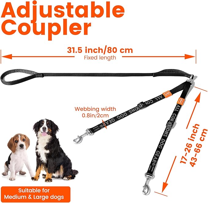 HOWGO Double Dog Leash, No Tangle 360° Swivel, Adjustable Two Padded Handles, Double Clip Dog Leash Coupler Splitter for Large and Medium Breeds (Orange, 4/5'' x 4.8 FT)
