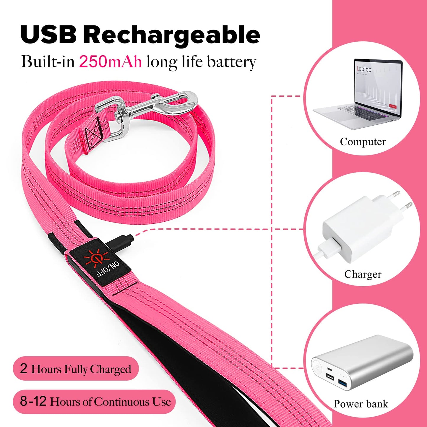 Illumifun LED Dog Leash - USB Rechargeable Light Up Dog Leash Glow in The Dark, Nylon Glowing Dog Lead for Your Dogs Walking (PinkⅡ)