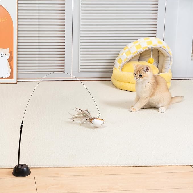 Cat Wand Toys, Adjustable Toys with Silvervine Sticks, Interactive Cat Feather Wand Toy for Indoor Cats, Elastic String Pole Toy with Bell & Feather (Wire Bird)