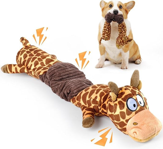 3-in-1 Squeaky Dog Toy for Chewer (Squeaker, Crinkle Paper & Elastic Band), Durable Interactive Puppy Plush Stuffed Chew Toy for Boredom, Tug of-War, for Small Medium Large Breed (Giraffe)