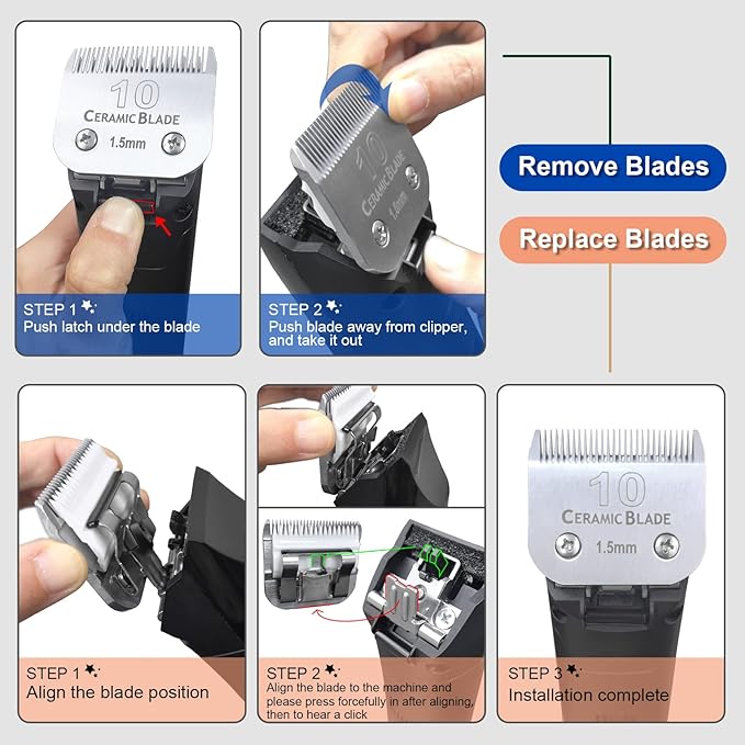 Size 40/30/10/7FC/5FC/4FC/3FC Detachable Pet Dog Grooming Clipper Ceramic Blades Set,Compatible with Andis,Oster A5,Wahl KM10 Series Clippers,Cut Length 1/100"(0.25mm) to 1/2"(13mm),7 Pack