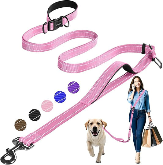 Hands-Free Dog Leash with Adjustable Length 6-9FT + Dual Padded Handles Reflective Safety for Walking, Jogging & Training | Suitable for Medium to Large Dogs & Puppies Pink-L
