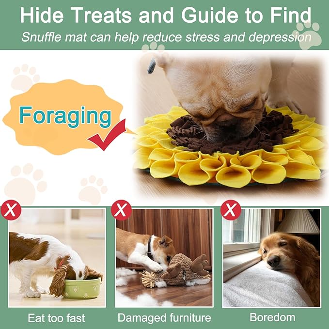 Snuffle Mat for Dogs, Pet Sniffing Pad for Slow Feeding, Puppy Cat Interactive Puzzle Toys for Smell Training, Indoor Foraging Mat for Stress Relief, Yellow (L)