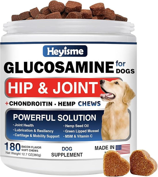 Glucosamine for Dogs, 180 Chews Hip and Joint Supplement for Dogs, Glucosamine Chondroitin, MSM Hemp Dog Joint Pain Relief, Dog Joint Supplement Health Mobility Support (180 Chews, Bacon)