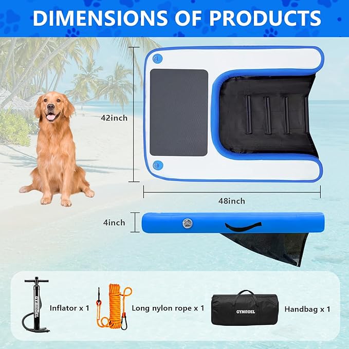 Inflatable Dog Boat Ramp, Non-Slip EVA Dog Float Floating Ramp Ladder for Pools Boats Docks, Safe & Easy Water Access for Large Dogs, Blue