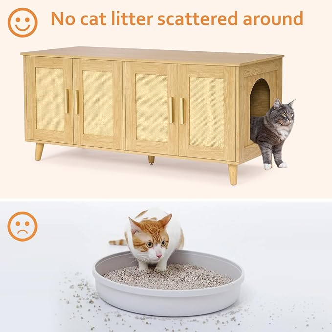 Homhedy Boho Cat Litter Box Enclosure for 2 Cats, Wooden Cat Washroom Furniture with Double Rattan Decorated Doors, Pet House,47.2”L x 19.7”W x 21.7”H, Natural