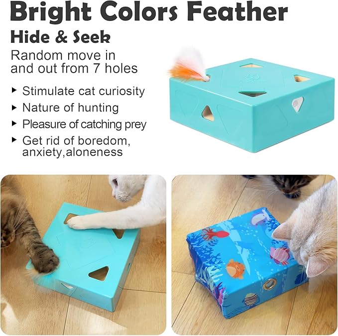 Migipaws Automatic MigiBox Cat Toys 3 n1 Interactive Pounce Mystery Under PopSkin 7 Holes Cardboard Kitten Toys for Indoor Rechargable 6 Accessories(Blue)