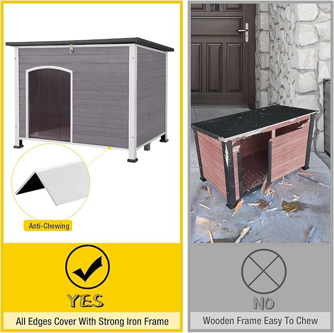 Insulated Wooden Dog Kennel Dog House with PVC Curtain and Removable Floor for Easy Cleaning (Large)