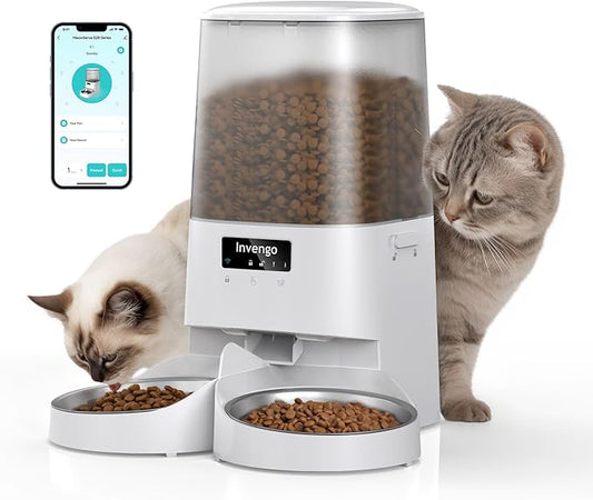 Automatic Cat Feeder - Cat Food Dispenser for 2 Cats MeowServe S20D, Auto Dog Feeder with Stainless Steel Bowls, 5L Pet Feeder with Patented Anti-Jam Port, App, 2.4G/5G WiFi (White)