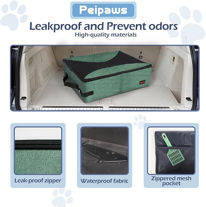 Portable Cat Travel Litter Box. Zipped Lid, Collapsible Litter Box for Cats. No Leakage, No Smell. Easy to Carry. Used for Hotels, Camping, Car (Green, L)