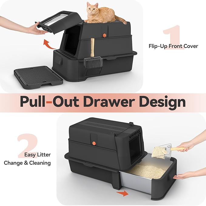 Enclosed Stainless Steel Cat Litter Box with Odor Control, Modular Design with Drawer and Flip Door, Easy to Clean and Wash,Non-Stick Interior,Extra Large Size Fits All Cats(Black)