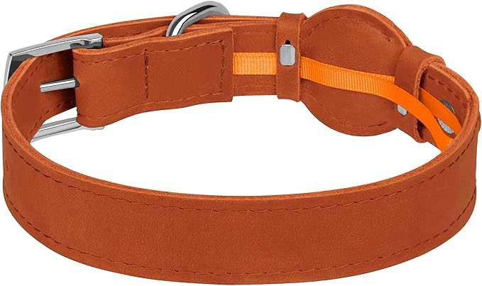 Leather Dog Collar with Airtag Holder - Apple AirTag Dog Collars - Soft Tracking Smart GPS Pet Collar for Small Medium Large Dogs Puppy (Brown, M, 12"-15" Neck Fit)