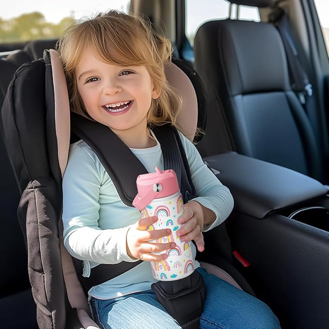 Kid Water Bottle 12oz with Straw Lid - 2-Pack Insulated Stainless Steel Water Bottles for Kids Girls - Travel Cup for School Sports, Rainbow & Mermaid