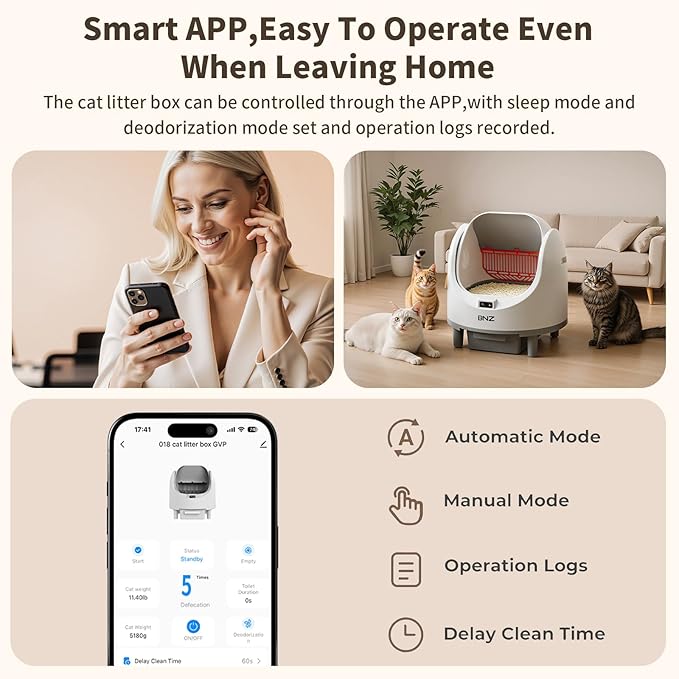 Self Cleaning Cat Litter Box for Multiple Cats,Automatic,Spacious Open Top,Weight Sensing Safety Design,Quite,Smart App Control,14 Days of Large Capacity,Easy to Use,with A Fan to Remove Odors,White