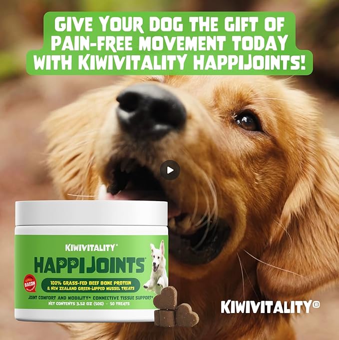 HappiJoints Hip and Joint Supplement Treats for Dogs, Cats • 100% Grass-Fed Beef Bone Collagen New Zealand Green-Lipped Mussels • 50 Treats