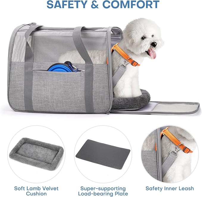 JUNGYOON Large Cat Carrier – Soft-Sided Airline-Approved Pet Carrier Bag with Top Opening, Portable Travel Carrier for Big Cats & Dogs Up to 20lbs – Safety Zippers, Collapsible Bowl,Grey