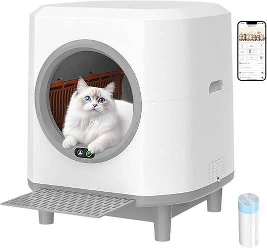 Self Cleaning Litter Box,90L Automatic Cat Litter Box Self Cleaning App-Controlled,Dual Safety Protection,1 Rolls Garbage Bags,White