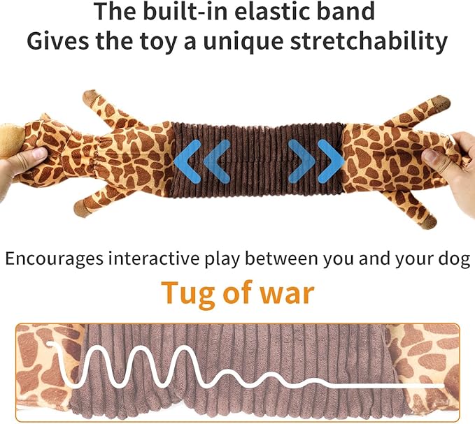 3-in-1 Squeaky Dog Toy for Chewer (Squeaker, Crinkle Paper & Elastic Band), Durable Interactive Puppy Plush Stuffed Chew Toy for Boredom, Tug of-War, for Small Medium Large Breed (Giraffe)