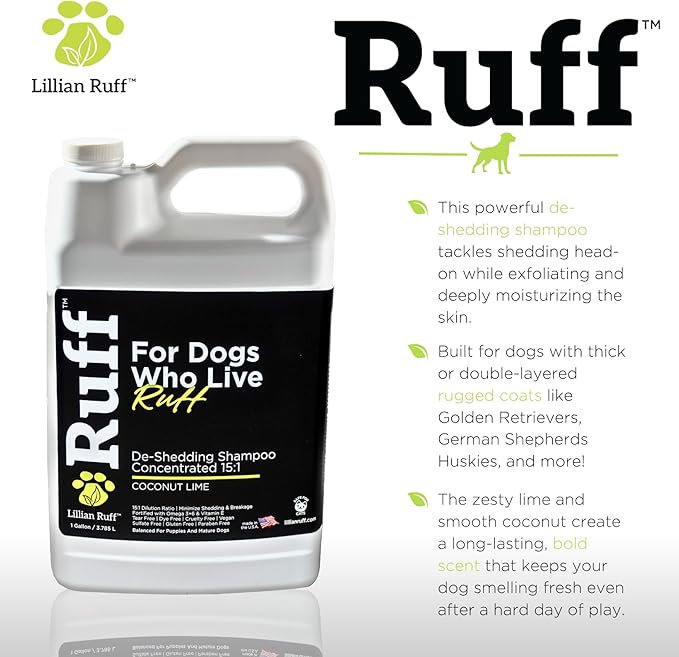 Ruff by Lillian Ruff 15:1 Concentrated Deshedding Dog Shampoo –Professional Extra-Strength Shedding & Odor Control – Aloe, Coconut Oil & Vitamin E – Puppy Safe, USA Made - Coconut Lime – Gallon