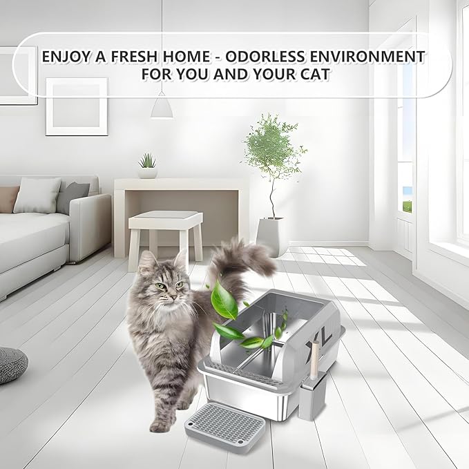Stainless Steel Cat Litter Box with Lid Extra Large Metal Pan Tray with Enclosed High Sides for Big Cats Multi-Cat, XL Non-Stick Anti-Leakage Easy Cleaning Includes Scoop(Grey)