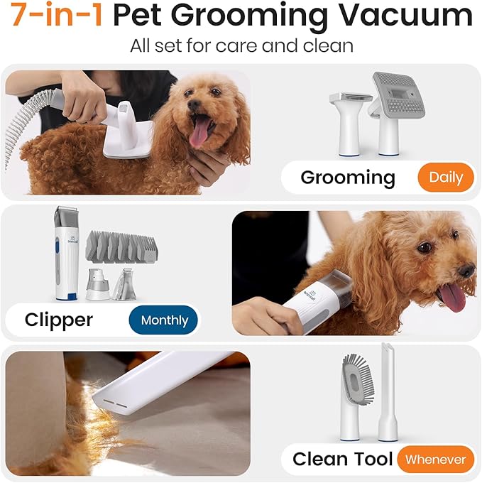 oneisall Dog Grooming Vacuum, Pet Grooming Vacuum with Clipper Nail Grinder, 1.5L Dust Cup Dog deshedding Vacuum Brush with 7 Pet Grooming Tools for Shedding Pet Hair, Home Cleaning