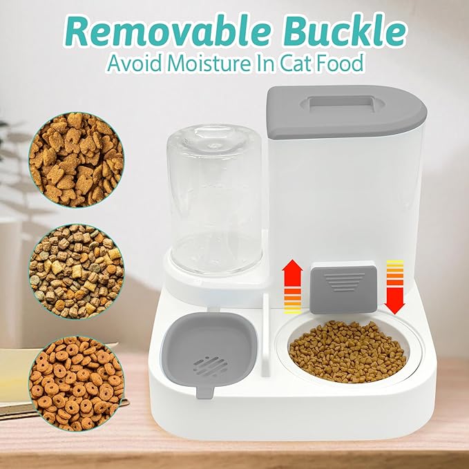 Fhiny Gravity Cat Feeder and Water Dispenser, 2 in 1 Automatic Pet Waterer Detachable Ceramic Food Bowls Set Pet Food Storage for Small Dog Puppy Cat Kitten Pet Easy Clean (Grey)