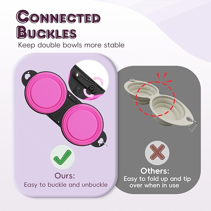 Pawaboo 2-in-1 Collapsible Dog Bowls, Dual Puppy Food and Water Bowls, 180° Flip Over Portable Silicone Dog Bowl with Metal Hook, 450ml Pet Travel Feeder Bowl for Walking Hiking Camping, Pink