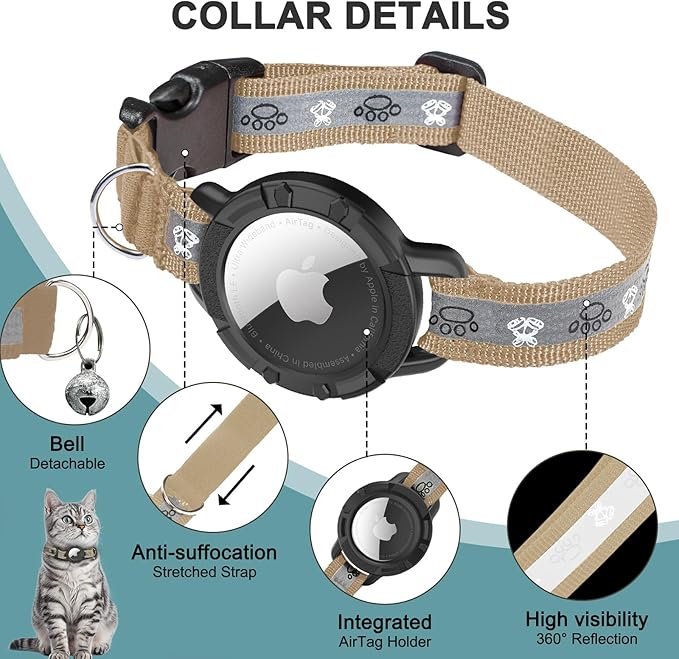 Reflective AirTag Cat Collar, Integrated Cat Tracker Collar with Air Tag Holder and Bell, Safety Elastic Band Cat GPS Collars for Girl Boy Cats, Kittens and Puppies (Khaki,XS)