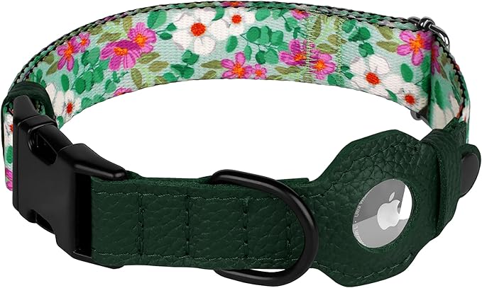 AirTag Dog Collar with Metal Buckle - Soft Leather Printed Nylon Dog Collar with Apple AirTag Holder - Cute Tracking GPS Pet Collars for Girl Boy Small Large Dogs (XS, 9"-12" Neck Fit, Floral)
