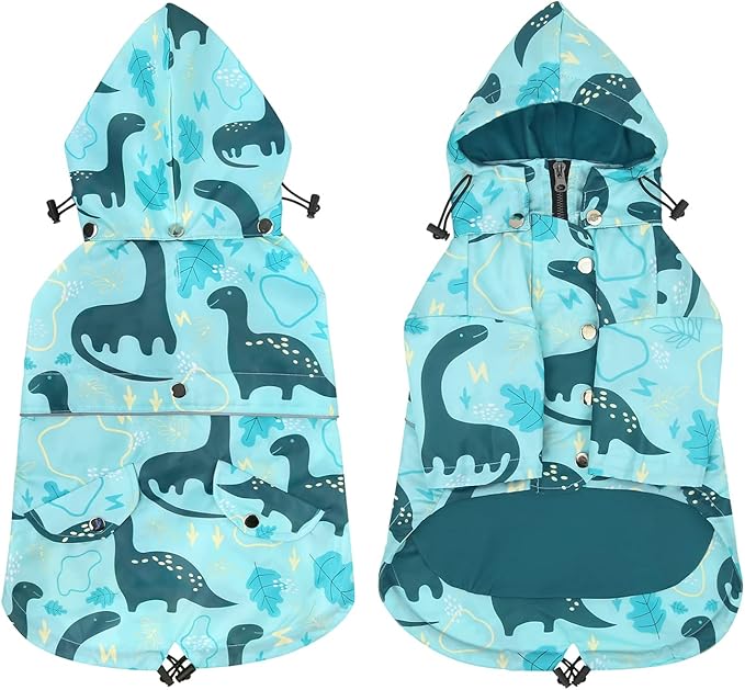 HDE Dog Raincoat Poncho Double Layer Zip Rain Jacket with Removable Hood, Leash Hole for Small to 3XL Dogs and Puppies Dinosaurs - L