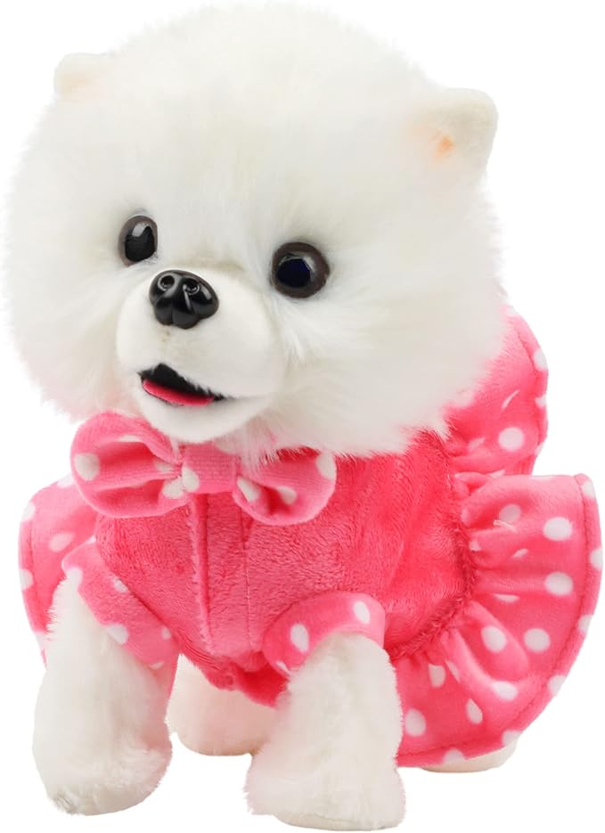 Hopearl Walking Pomeranian Interactive Electronic Pet Dog Toy Remote Control Leash Animated Puppy Nodding Barking Wagging Tail Gifts for Toddlers Birthday, White, 10''