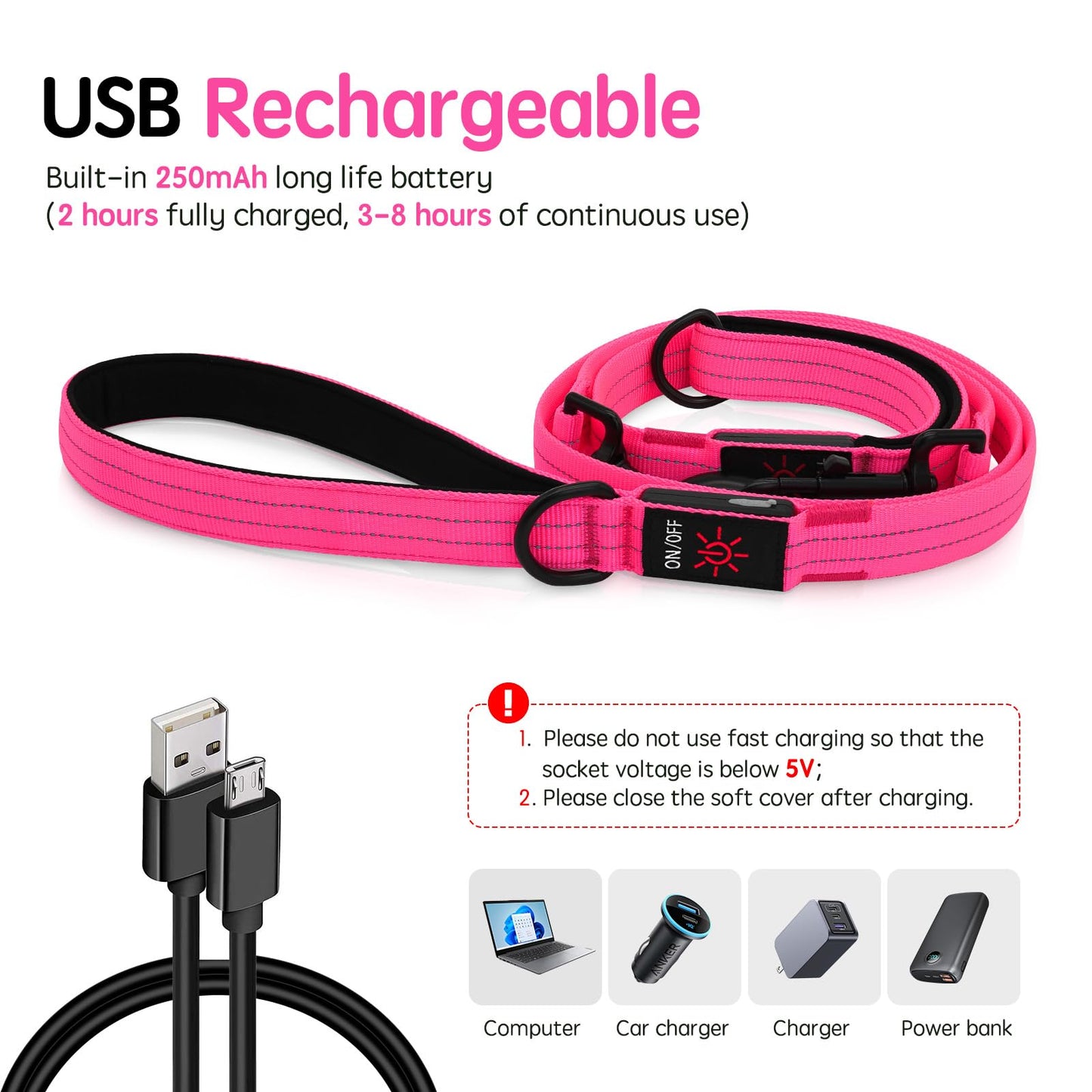 Dlitk Light Up Dog Leash, LED Leashes Rechargeable, Nylon Reflective Lead with Padded Handle for Night Walking, Safety Glow Lights for Large Medium Small Dogs(Pink,(4 Ft+2 Ft))