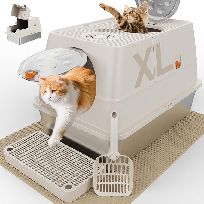Stainless Steel Cat Litter Box with Lid, XL Extra Large Kitty Litter Box, Enclosed Top Entry Metal Litterbox for Big Cats, Easy Cleaning, Anti-Leakage & High Sided with Mat, Aisle & Scoop, Beige