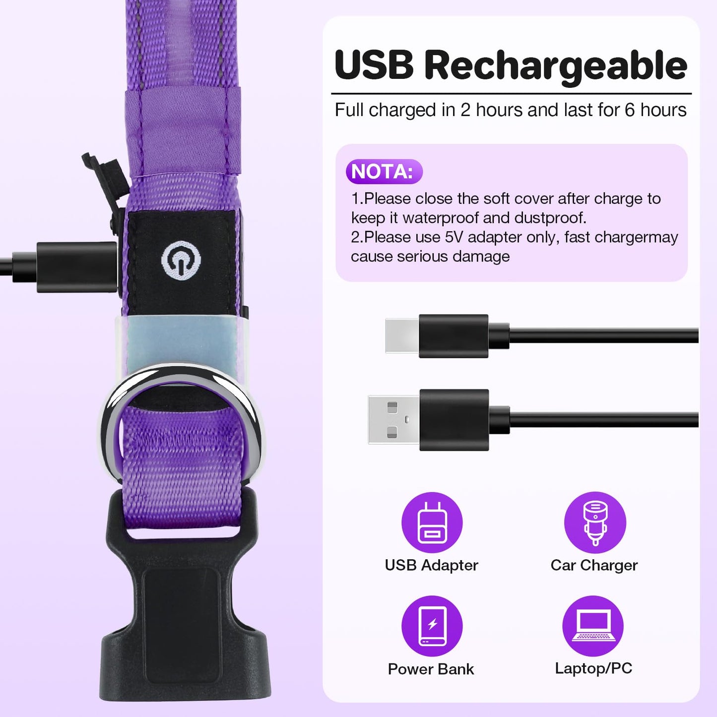 Fiveda Light Up Dog Collar, USB Rechargeable 6 Modes, Waterproof Charging Port, Long Lasting LED Collar - Adjustable Nylon Reflective for Dogs, Sizes S/M/L (7/9/11 Lights) -Purple, M