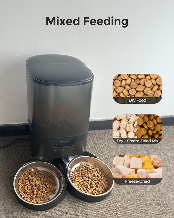 Automatic Cat Feeder - Cat Food Dispenser for 2 Cats MeowServe S20D, Auto Dog Feeder with Stainless Steel Bowls, 5L Pet Feeder with Patented Anti-Jam Port, App, Dual Lock Lid & 2.4G/5G WiFi