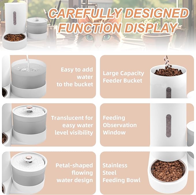 Automatic Water Fountain and Gravity Pet Feeder for Cat,Large Capacity Feeder Set, with Pet Hair Filter and Stainless Steel Bowl, Ideal for Puppies,Cats,Small to Medium Dogs,Rabbits