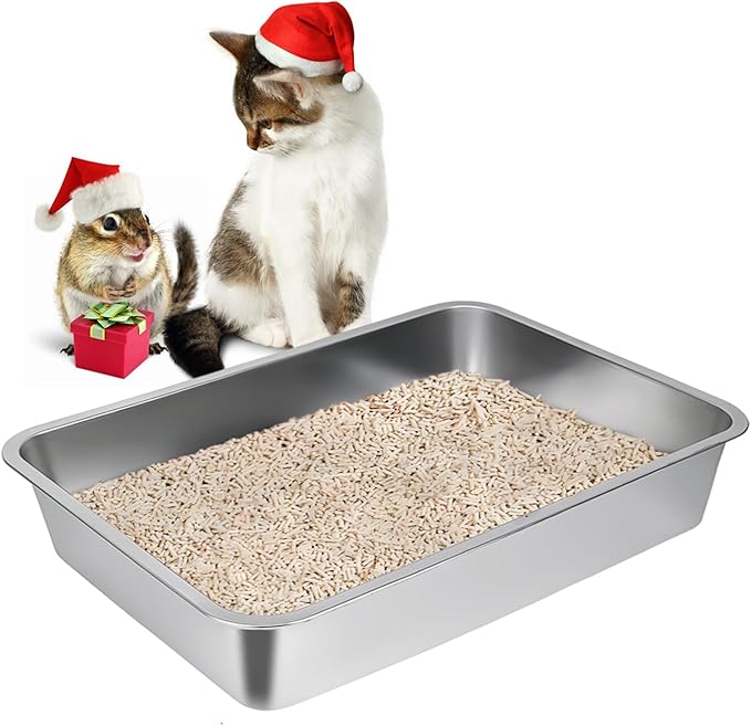 LIHONG Stainless Steel Cat Litter Box,Small Metal Litter Box for Small Cats Hamster Rabbits,No Smell,Non Stick,Easy to Clean(18" Lx14 Wx4 H,M)