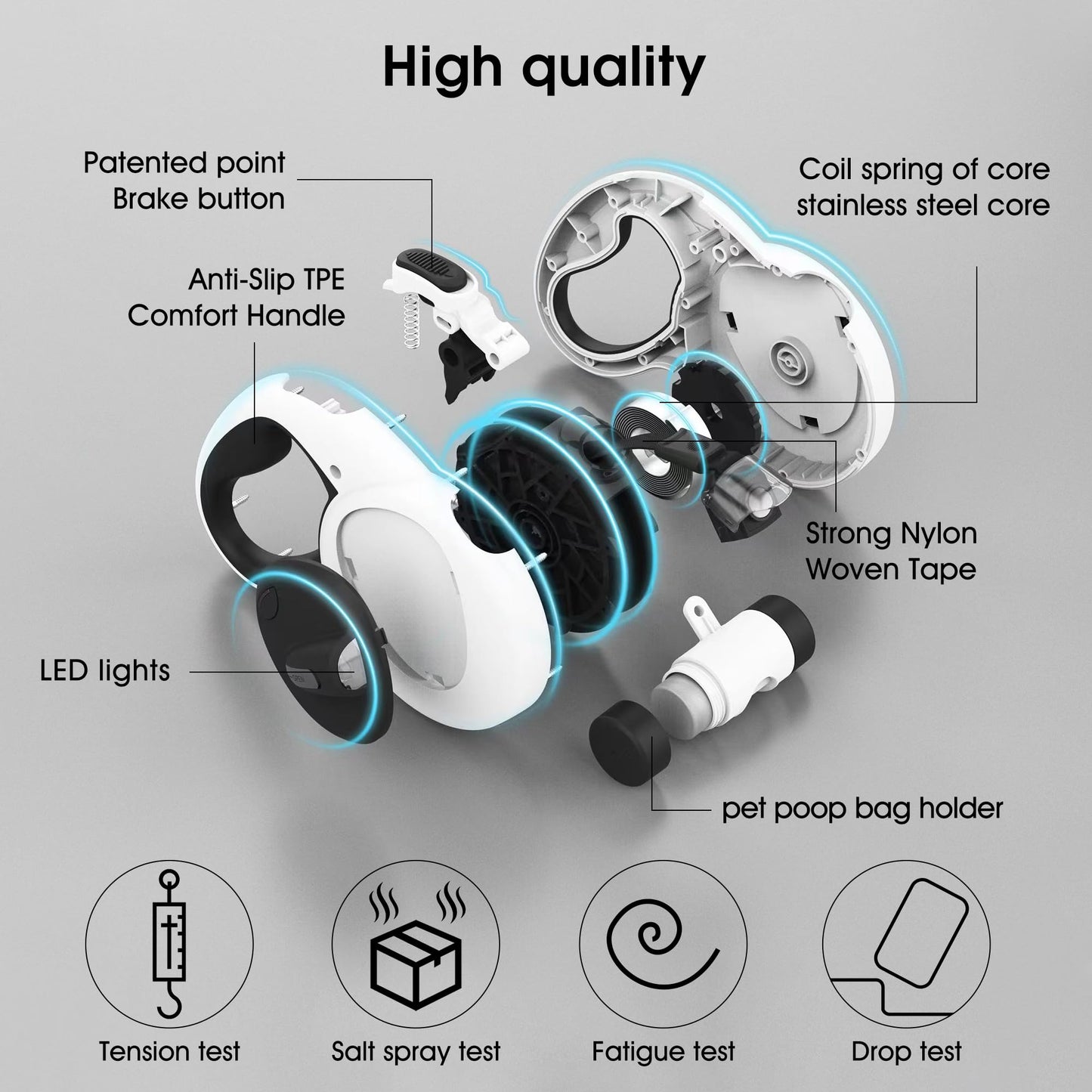 Gauzi 4 in 1 Retractable Dog Leash 16.4 ft Long Leashes with LED Light & Poop Bag Holder for Small Medium Large Dogs Heavy Duty (Max110lbs)