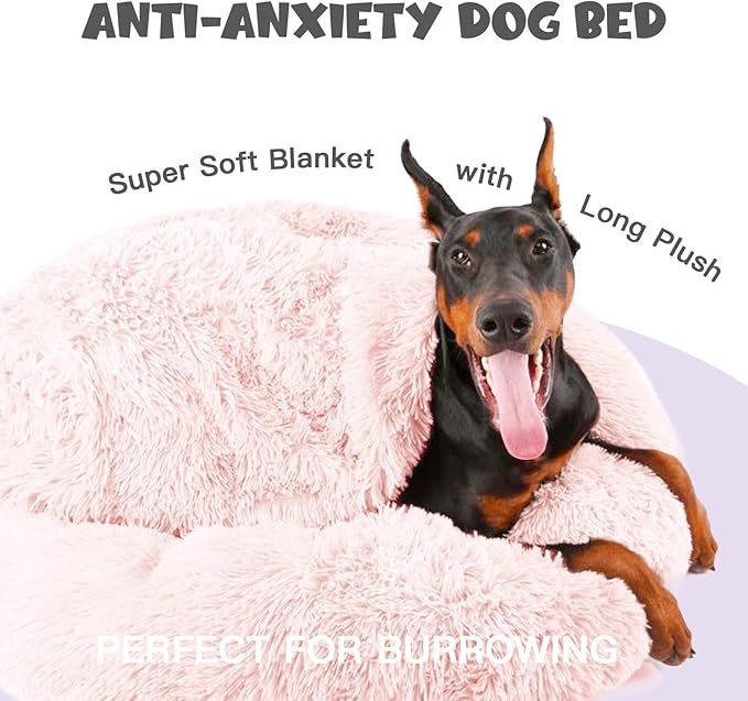 Himax Dog Beds for Large Dogs, Comfort Dog Bed with Blanket Attached, Calming Anti-Anxiety Fluffy Dogs Beds Washable (20"/26"/35") Pink